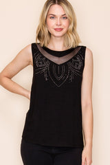 Vocal Rhinestone Mesh Drape Sleeveless Top - Black