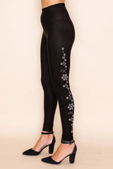 Vocal Floral Stones Embellished Leggings - Black
