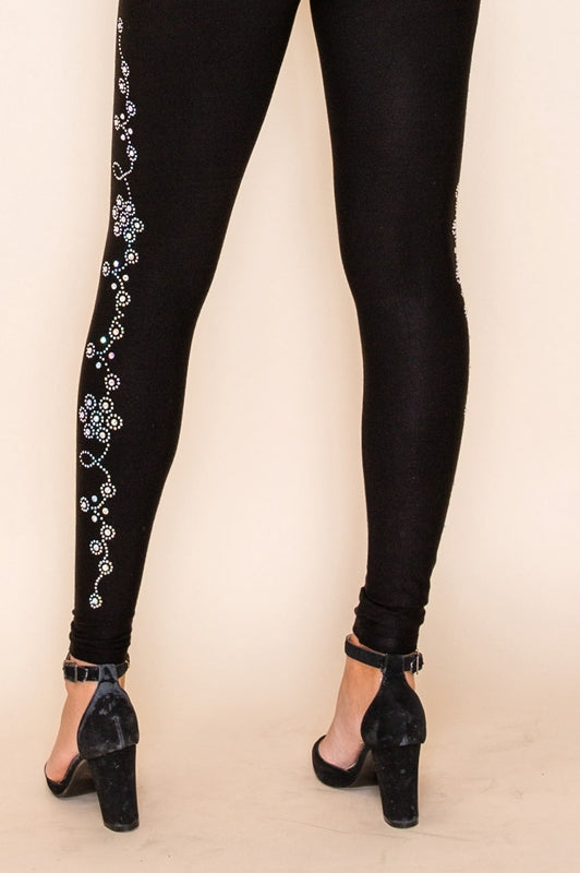 Vocal Floral Stones Embellished Leggings - Black
