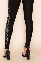 Vocal Floral Stones Embellished Leggings - Black