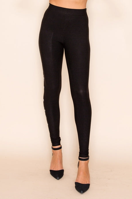 Vocal Floral Stones Embellished Leggings - Black