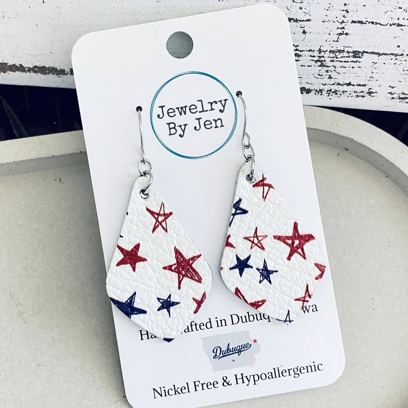 Patriotic Teardrop Earrings Hand Drawn Stars