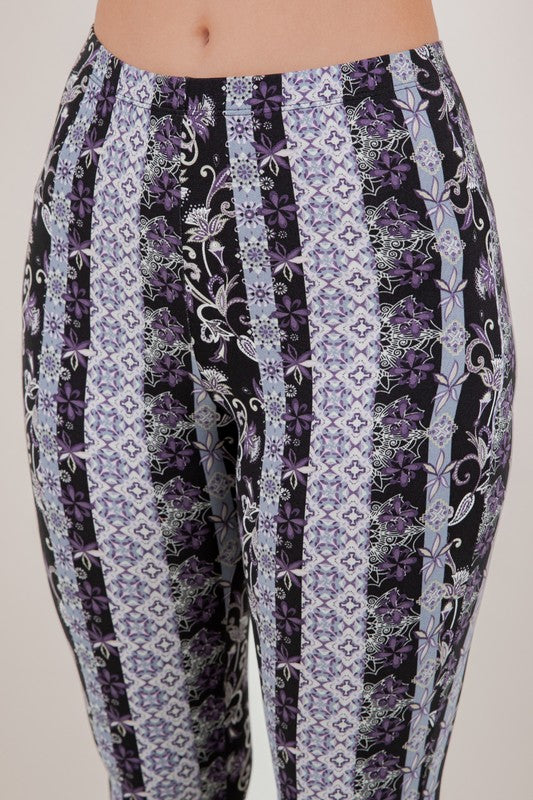 Bear Dance Floral Stripe Bandana Skinny Brushed Pants - Lavender Multi