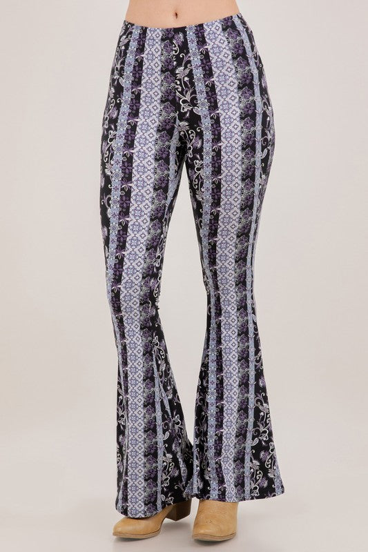 Bear Dance Floral Stripe Bandana Skinny Brushed Pants - Lavender Multi