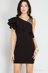 She + Sky Bodycon Strappy One Shoulder Ruffle Dress - Black