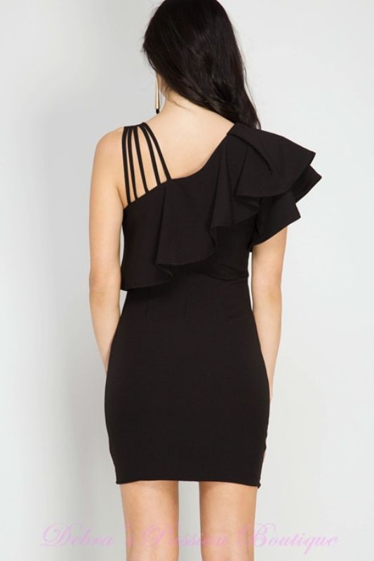 She + Sky Bodycon Strappy One Shoulder Ruffle Dress - Black