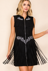 Vocal Western Fringe Suede-Look Zip-Up Mini Dress – Black