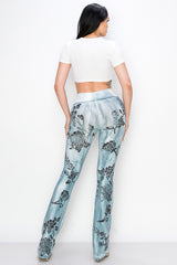 T-Party Vintage Floral Stamp Flare Pants - Blue