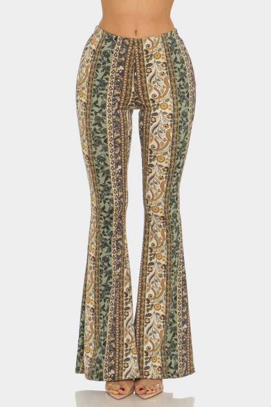 Bear Dance Boho Baroque Flare Skinny Pants - Multi Sage Mustard