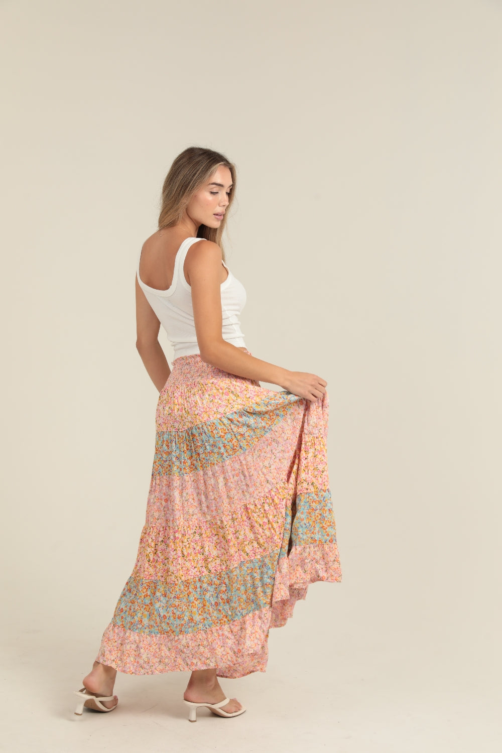 Angie Wide Floral Striped Maxi Skirt - Multi Blue Pink