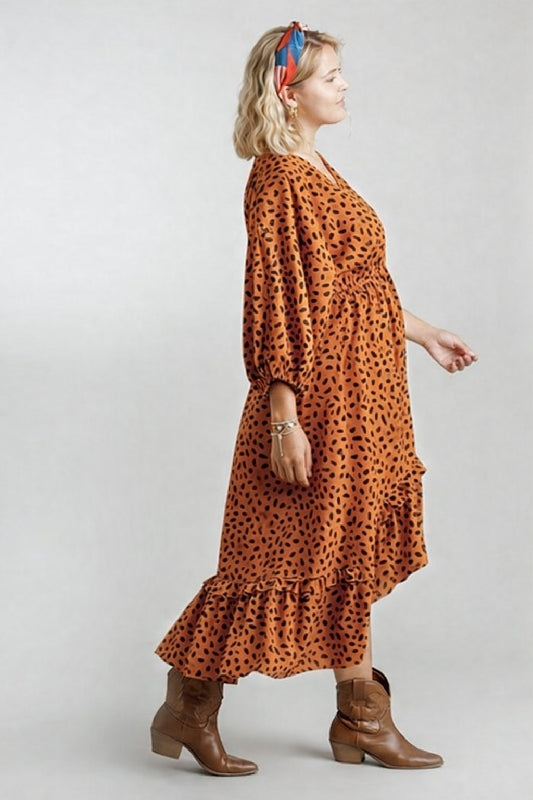 Umgee Dalmation Print Hi Lo Midi Plus Size Dress - Camel