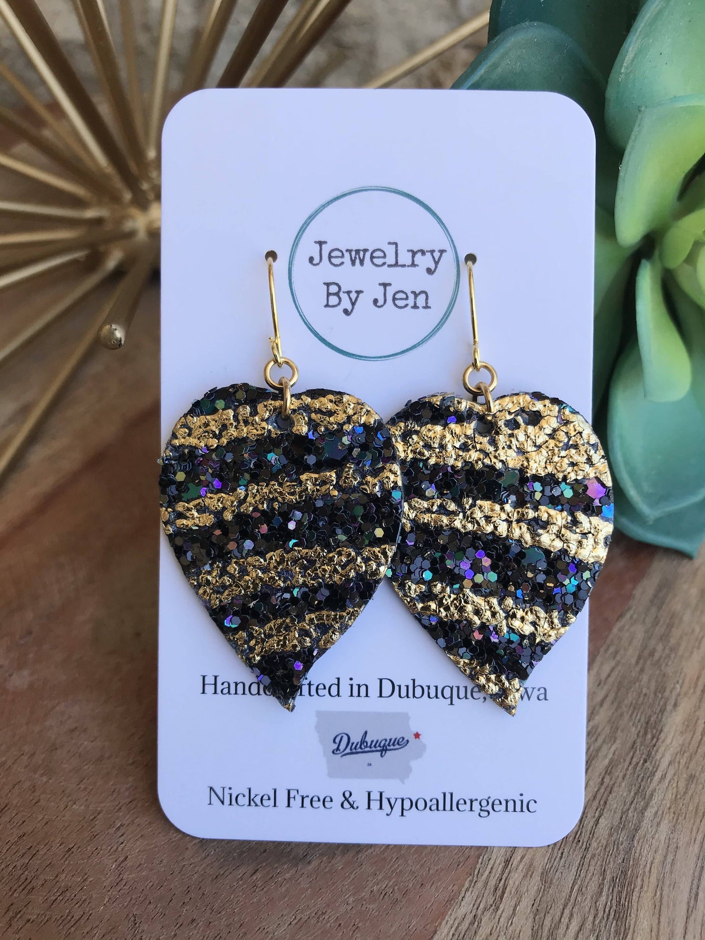 Heart Petal Earrings: Black & Gold Glitter