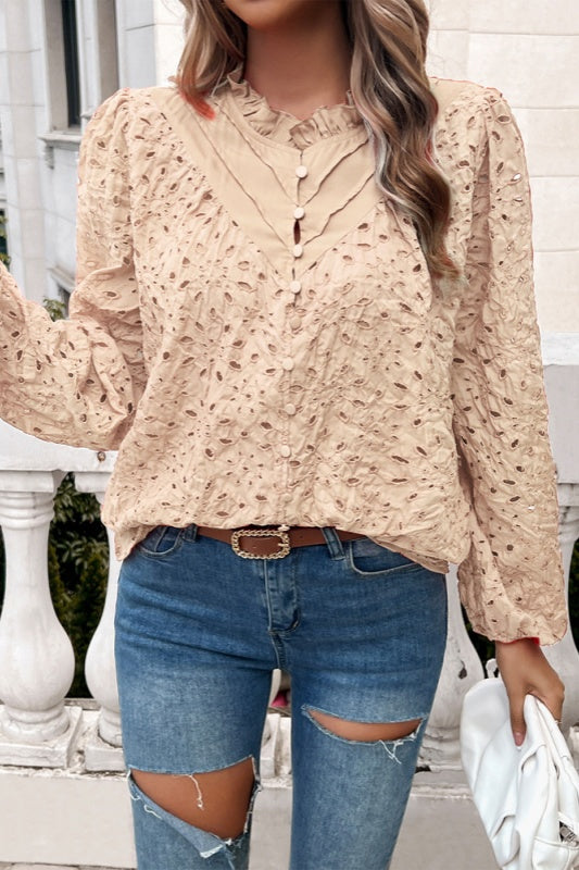 Amanda Eyelet Ruffle Long Sleeve Blouse - Apricot