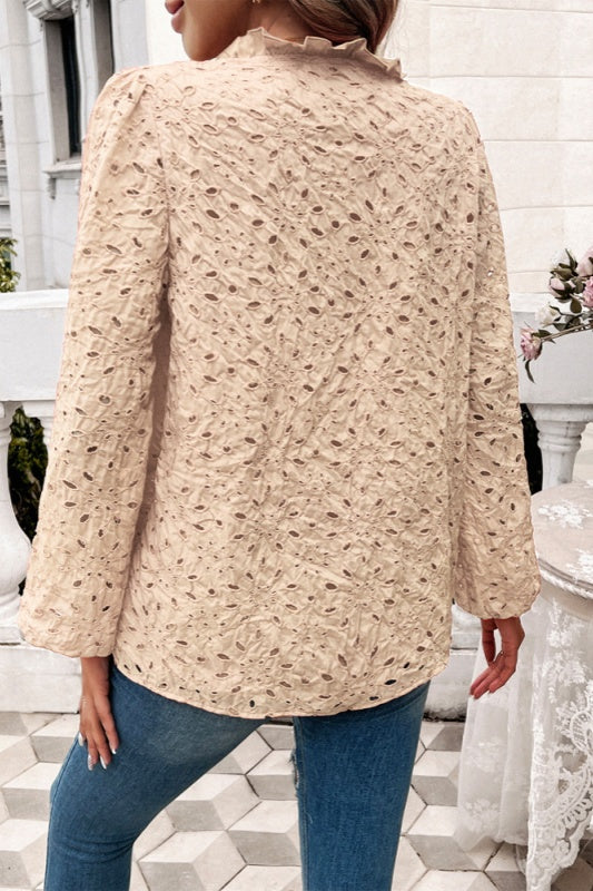 Amanda Eyelet Ruffle Long Sleeve Blouse - Apricot