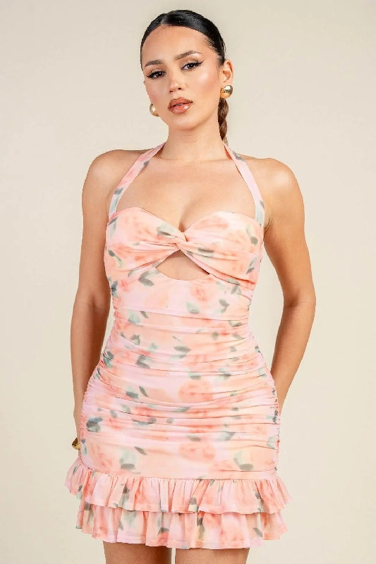Halter Neck Twist Front Floral Ruched Mini Dress - Peach Pink