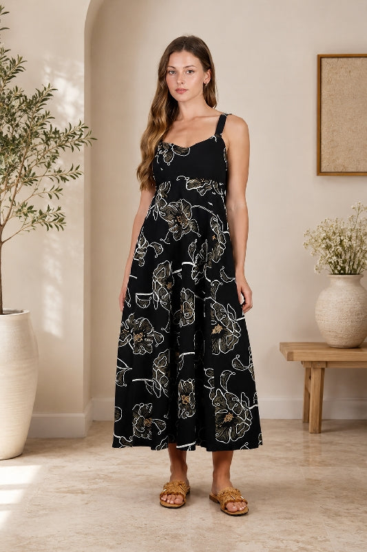 Blu Pepper Floral Embroidered Midi Dress - Black