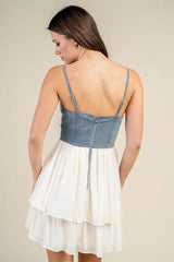 Denim Bustier Dress w/ Contrast Tier Skirt