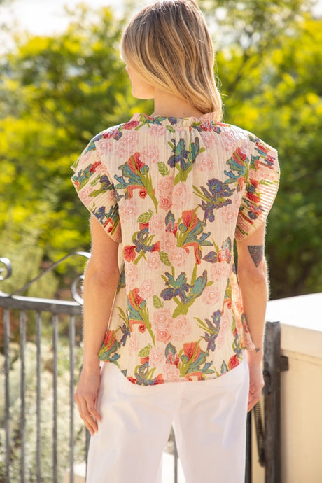 Botanical Floral Button Up Blouse - Beige