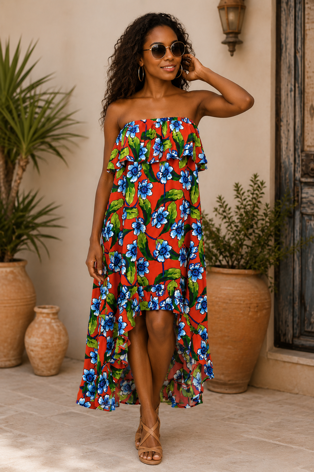 Easel Floral Hi Low Strapless Dress - Red