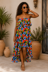 Easel Floral Hi Low Strapless Dress - Red