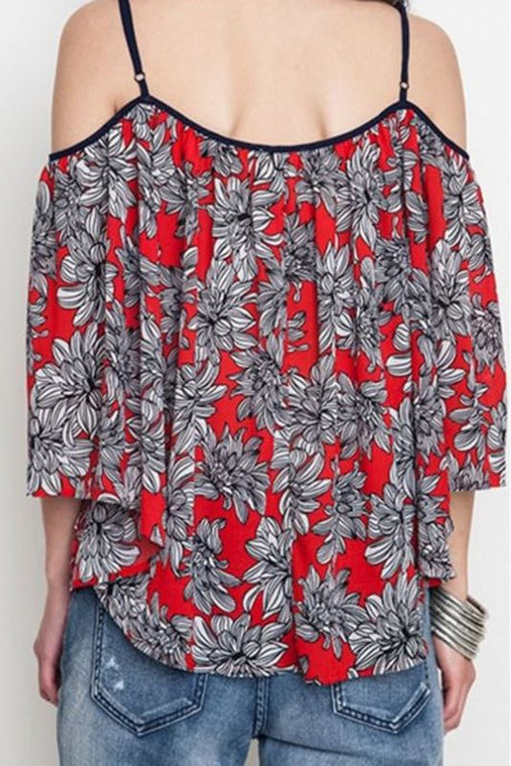 Kori Cold Shoulder Floral Top - Red Navy
