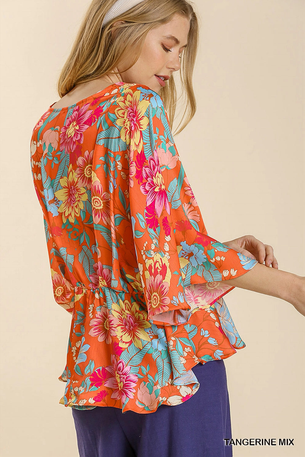 Umgee Kimono Sleeve Floral Print Peplum Blouse - Tangerine Mix