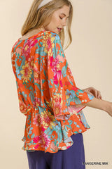 Umgee Kimono Sleeve Floral Print Peplum Blouse - Tangerine Mix