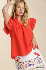 Umgee Organza Ruffle Sleeve Top - Tomato Red