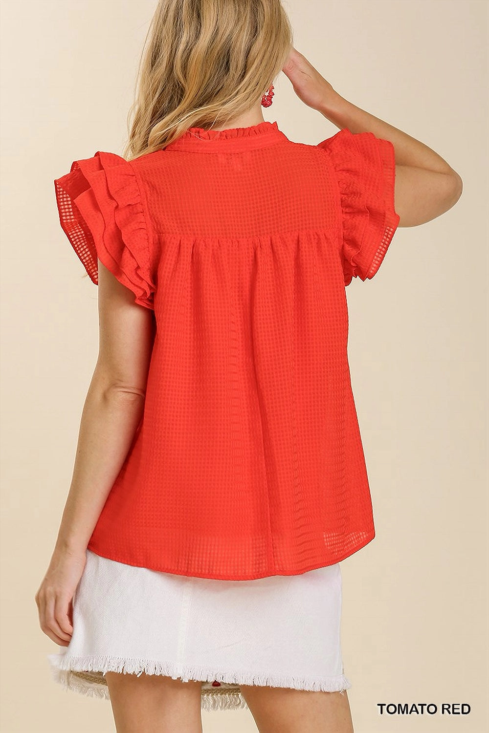 Umgee Organza Ruffle Sleeve Top - Tomato Red