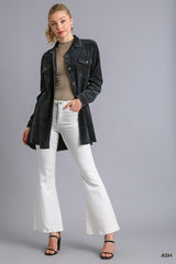 Umgee Stone Wash Denim Long Jacket Fray Hem - Ash Black