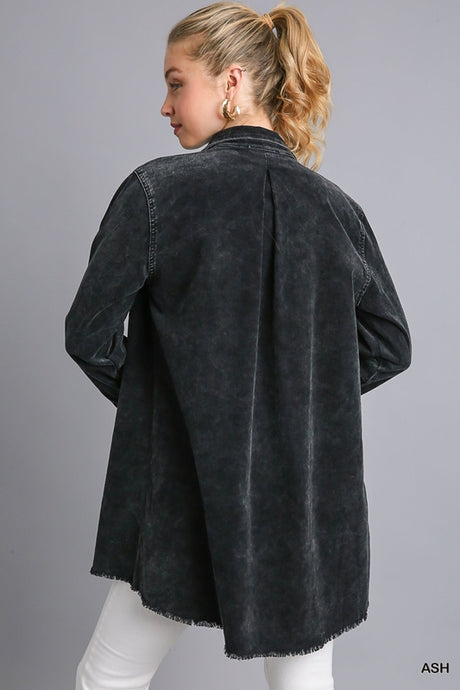 Umgee Stone Wash Denim Long Jacket Fray Hem - Ash Black