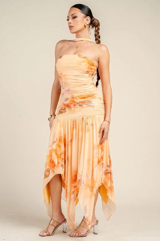 Printed Mesh Strapless Ruched Asymmetric Maxi Dress - Peach Orange