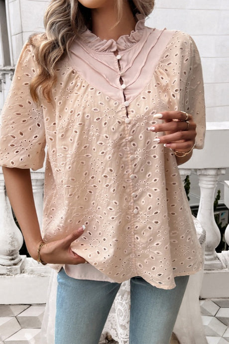 Amanda Eyelet Ruffle Blouse - Apricot
