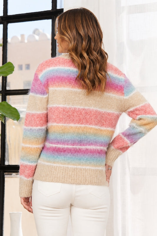 Adora Pink Multi Rainbow Stripe Heart Button Cardigan