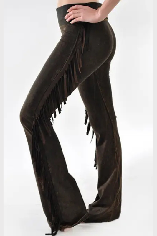 T Party Western Side Fringe Yoga Pants - Brown