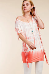 Vocal Chevron Rhinestones Fringe Tee Shirt Tunic Top - Coral