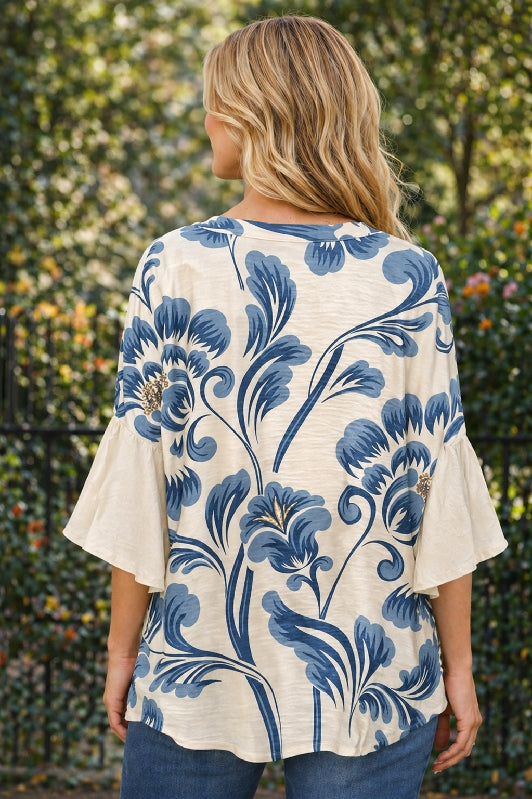 Blue Floral Ruffle Sleeve Blouse with Necklace - Cream Multi