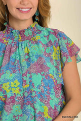 Umgee Abstract Print Mock Neck Dress - Emerald Mix