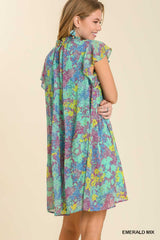 Umgee Abstract Print Mock Neck Dress - Emerald Mix