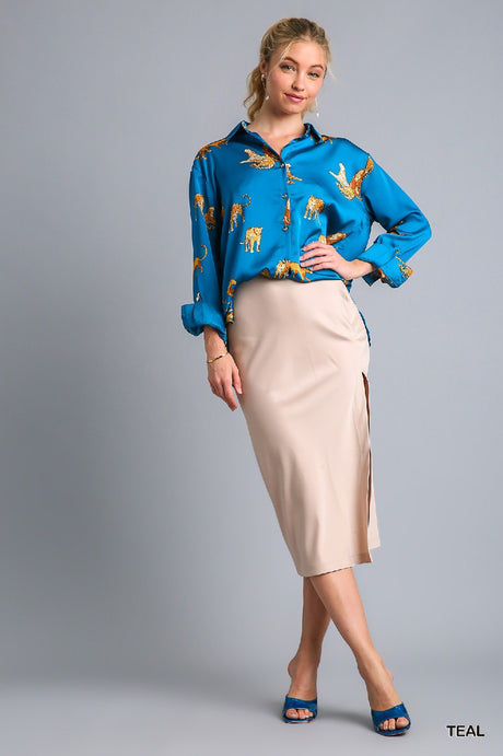 Umgee Satin Animal Print Blouse - Teal