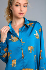 Umgee Satin Animal Print Blouse - Teal