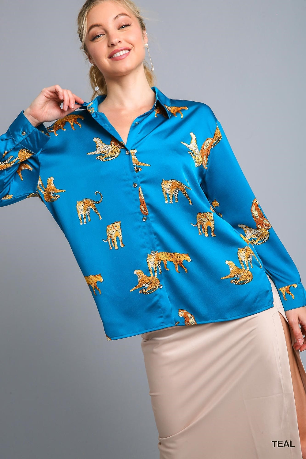 Umgee Satin Animal Print Blouse - Teal