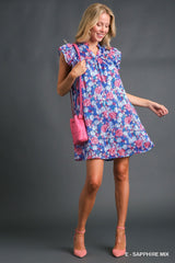 Umgee Mixed Print Metallic Dress - Sapphire Mix