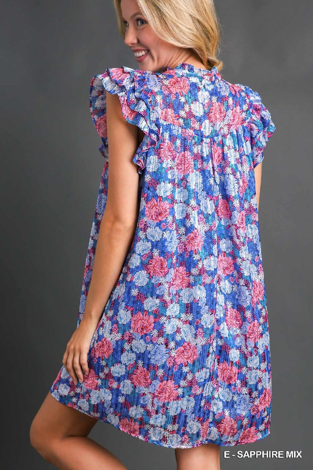 Umgee Mixed Print Metallic Dress - Sapphire Mix