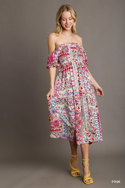 Umgee Mixed Print Midi Dress - Pink
