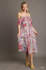 Umgee Mixed Print Midi Dress - Pink
