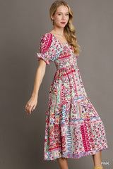 Umgee Mixed Print Midi Dress - Pink