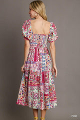 Umgee Mixed Print Midi Dress - Pink