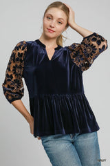 Umgee Velvet Lace Babydoll Blouse - Navy