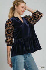 Umgee Velvet Lace Babydoll Blouse - Navy